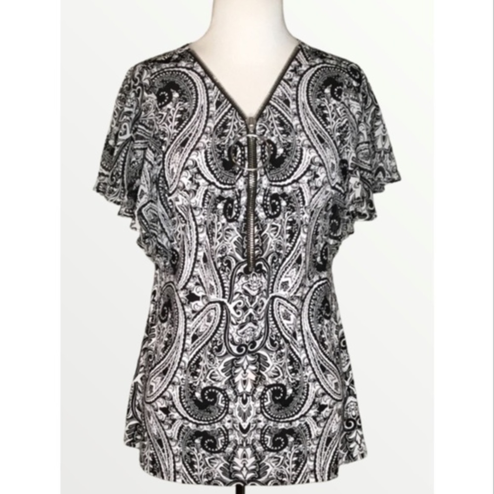 COCO BIANCO Black & White Paisley Zip Front Flutter Sleeve Top S